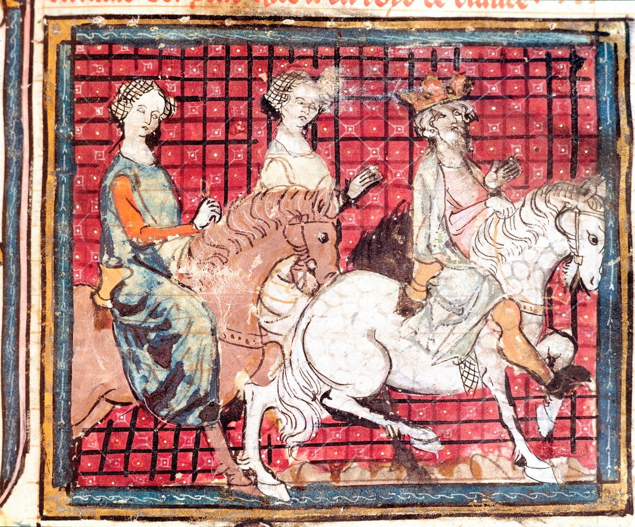 फ़्रैंक के राजा चिल्पेरिक I (543-597) और फ़्रेडेगोंडे ए हॉर्स मिनिएचर ""ग्रैंड्स क्रॉनिकल्स डी फ़्रांस"" से 1375-1379 म्यूनिसिपल लाइब्रेरी, कास्ट्रेस द्वारा अज्ञात कलाकार