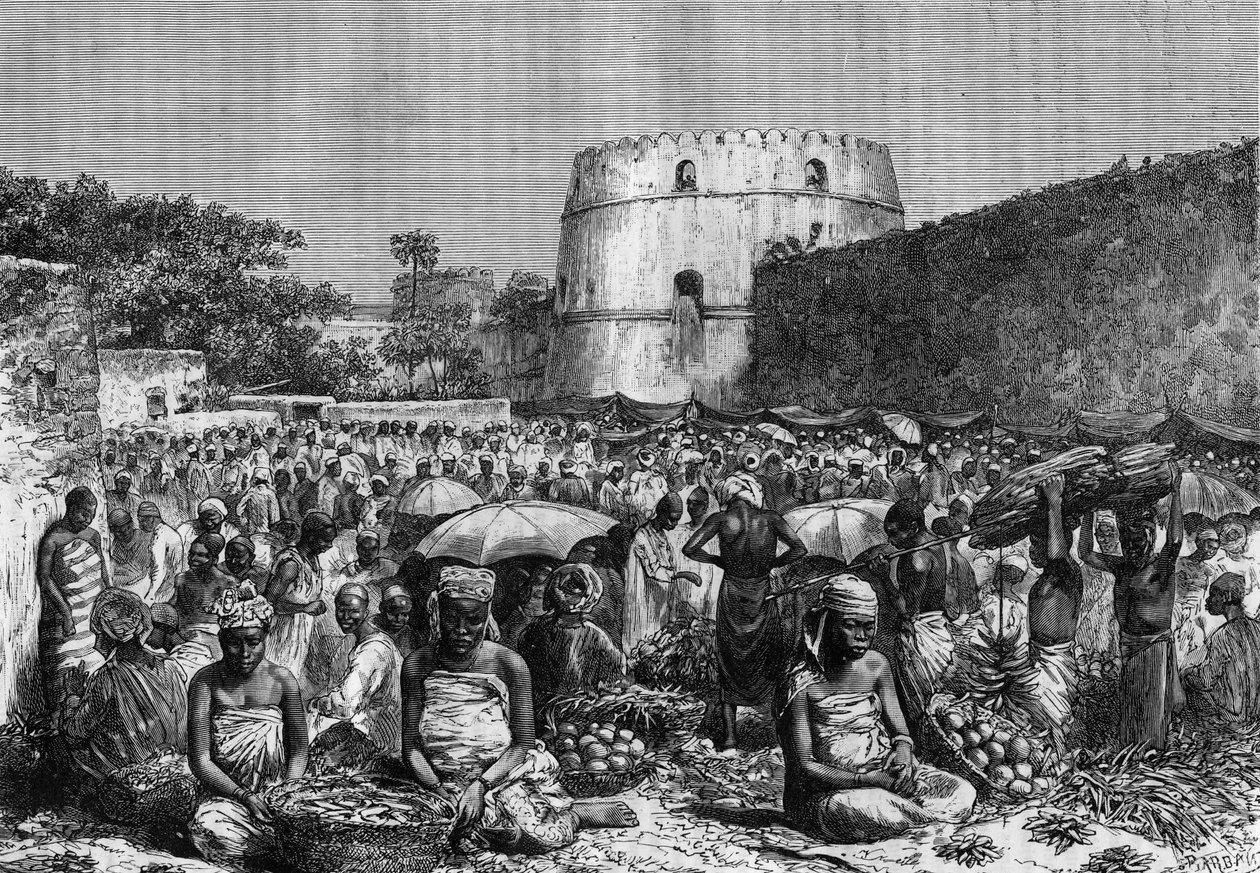 1888 के "यूथ जर्नल" में 19वीं शताब्दी में ज़ांज़ीबार में द प्लेस डू मार्चे। द्वारा अज्ञात कलाकार