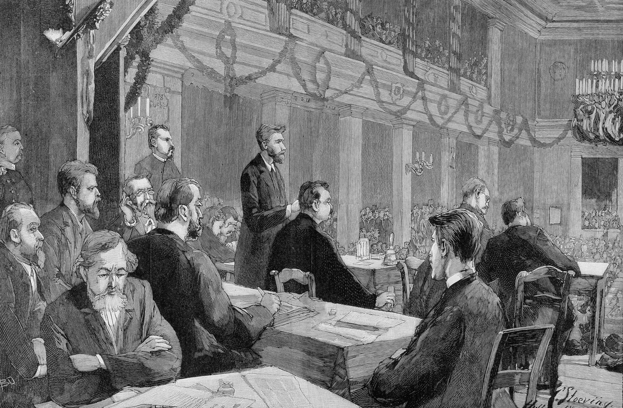 1890 में अगस्त बेबेल की उपस्थिति में द सोशलिस्ट कांग्रेस ऑफ़ हाले (सक्सोनी), 1890 की उत्कीर्णन। द्वारा अज्ञात कलाकार