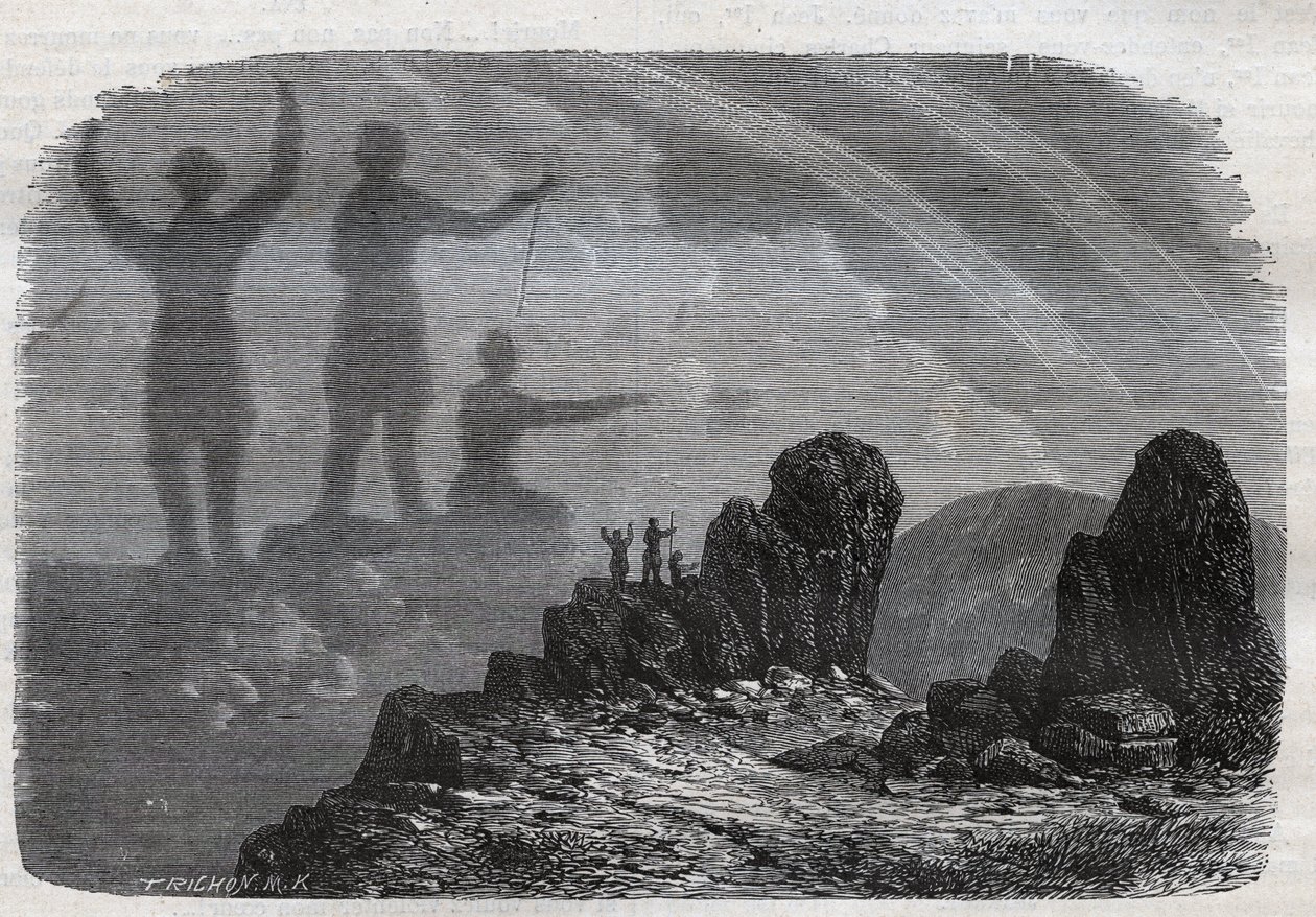 हर्ज़ पर्वत में ब्रोकन का भूत - ब्रोकन स्पेक्ट्रम या ब्रोकन स्पेक्ट्रम - 1877 से उत्कीर्णन द्वारा अज्ञात कलाकार