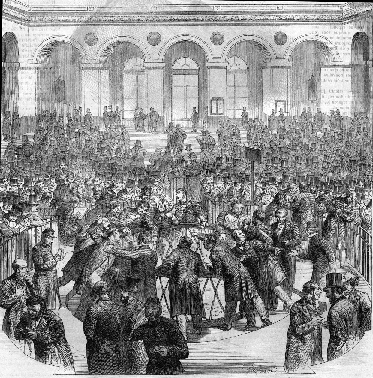 1865 में पेरिस स्टॉक एक्सचेंज में एक्सचेंज एजेंटों की टोकरी। एमजी रॉक्स द्वारा ड्राइंग के बाद उत्कीर्णन द्वारा अज्ञात कलाकार