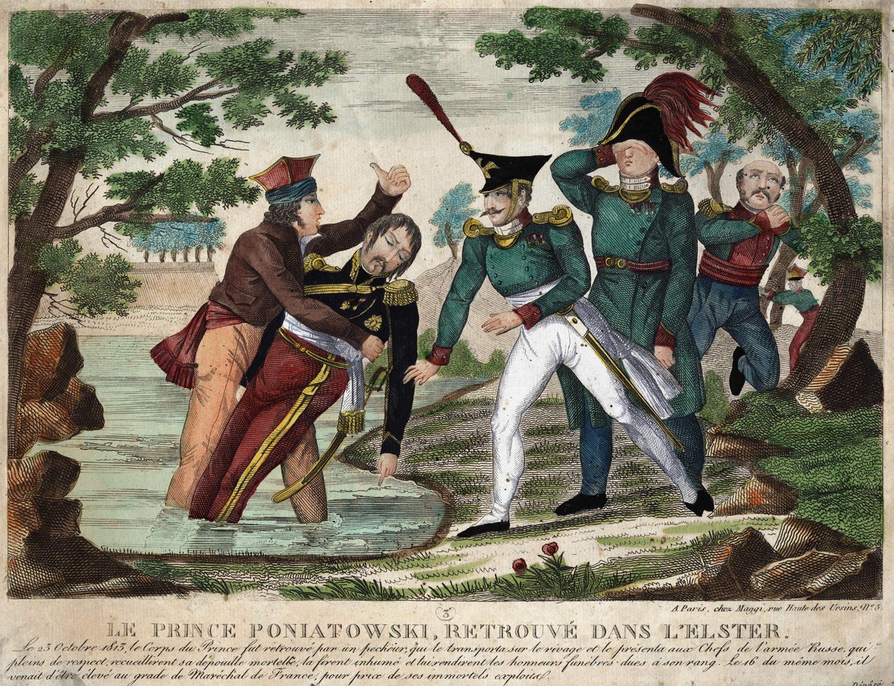 प्रिंस जोसेफ (जोज़ेफ़) एंटोनी पोनियातोव्स्की (1763 में) का शरीर 23 अक्टूबर 1813 को एल्स्टर नदी में मिला, उस समय की नक्काशी द्वारा अज्ञात कलाकार