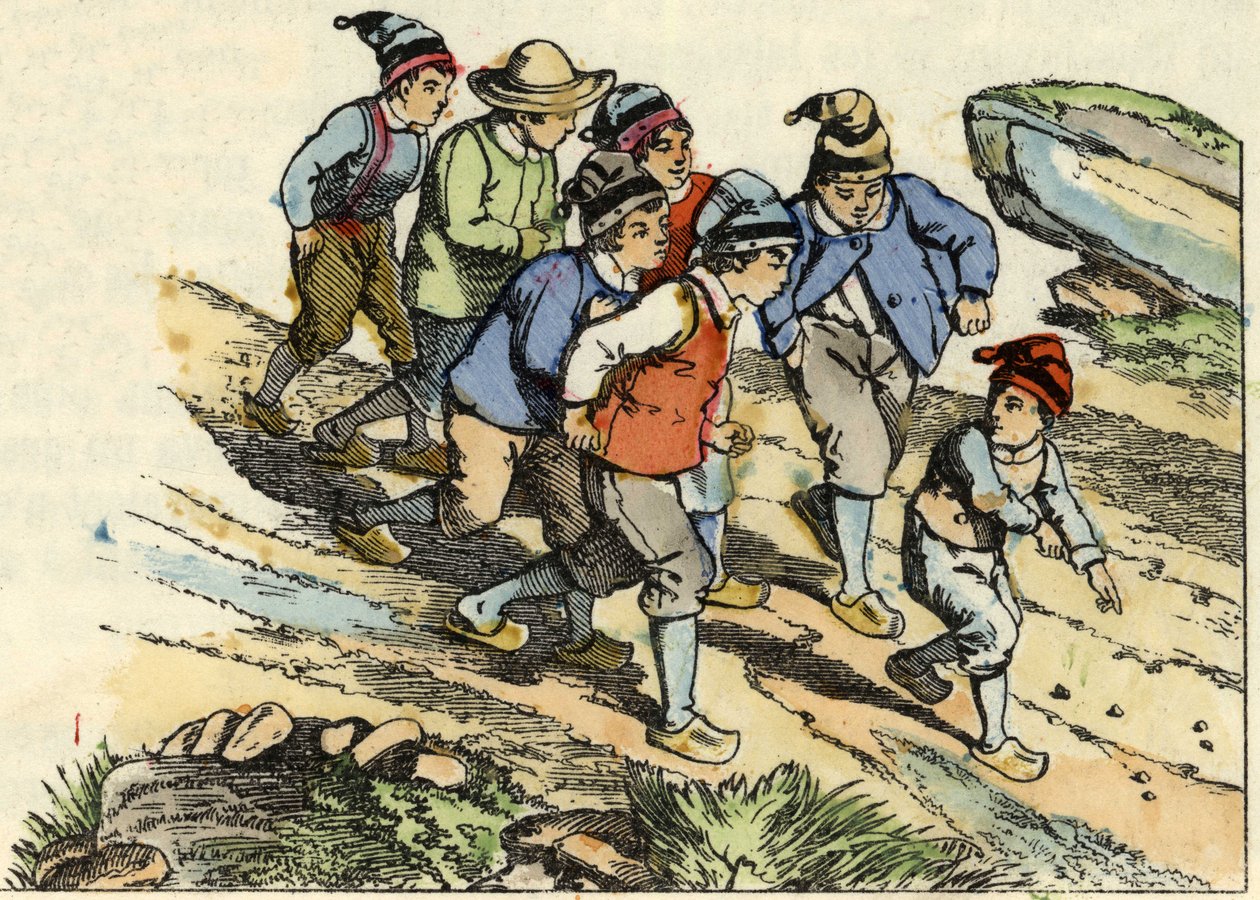 भाई लिटिल पौलेट का अनुसरण करते हैं जिन्होंने रास्ते में सफेद कंकड़ बोए थे। चार्ल्स पेरौल्ट द्वारा "" ले पेपेटिट पॉसेट "" कहानी का चित्रण द्वारा अज्ञात कलाकार