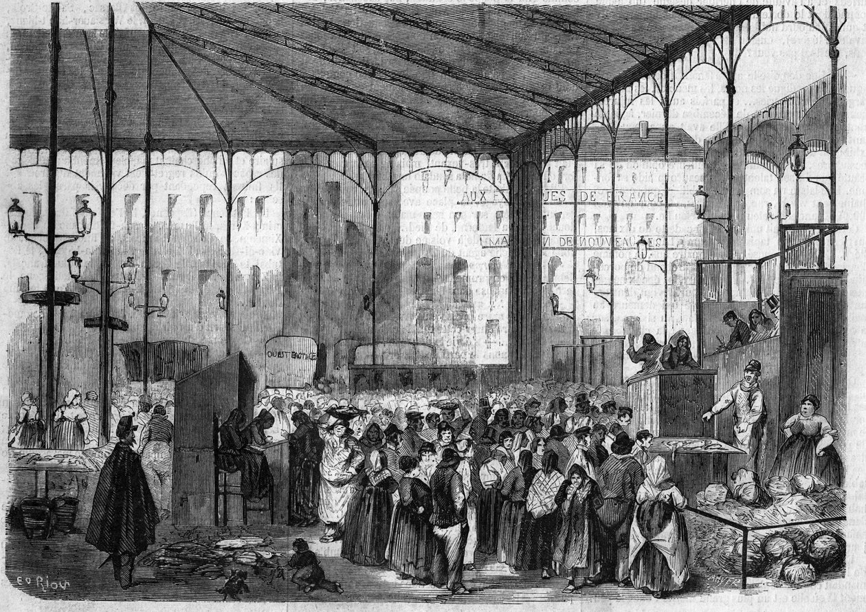 पेरिस का केंद्रीय बाजार: 1858 में मछली बाजार। द्वारा अज्ञात कलाकार