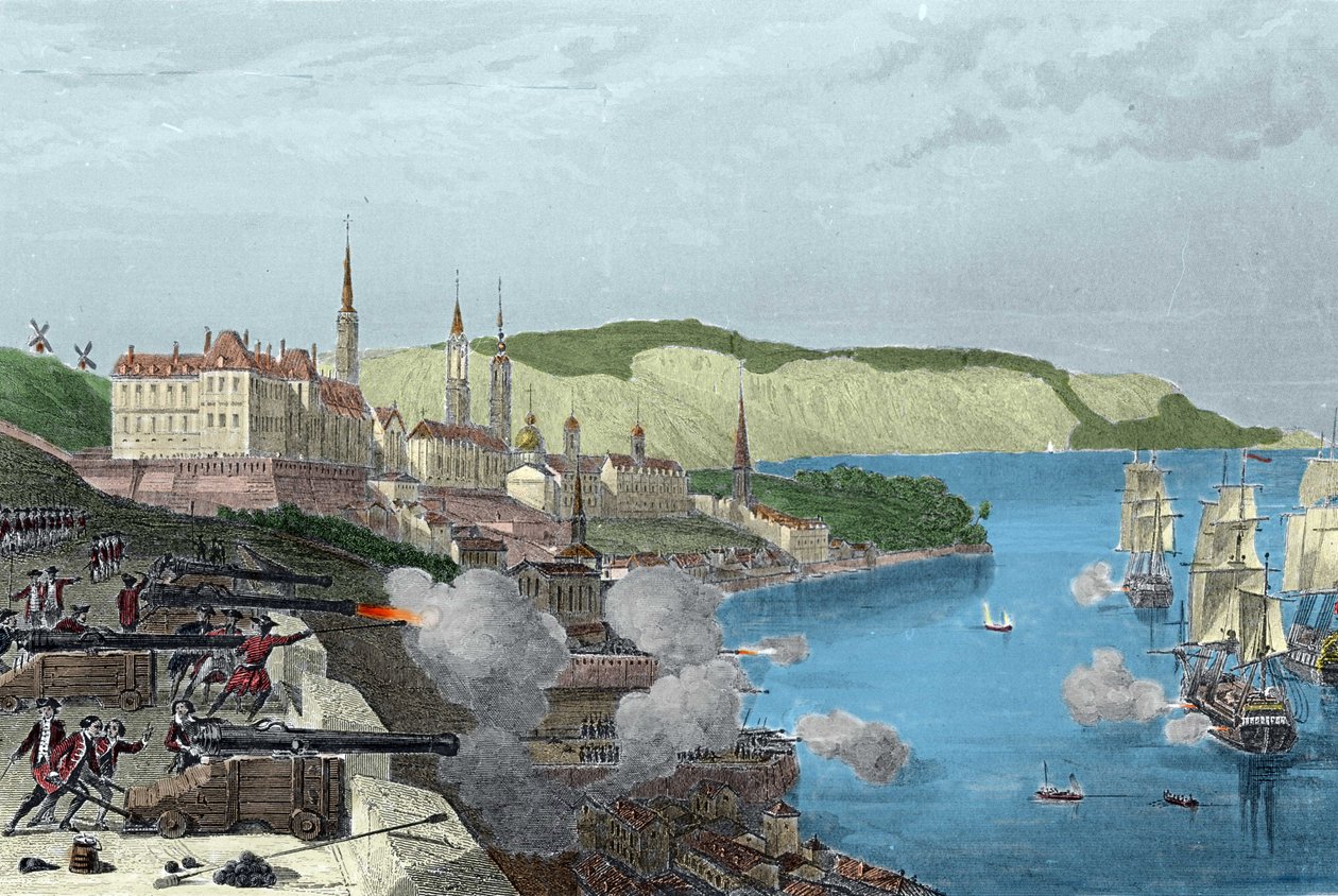 16/10/1690 को काउंट लुइस डी बुएडे, काउंट ऑफ फ्रोंटेनैक (1622-1698) द्वारा क्यूबेक की रक्षा। वैन टेनाका द्वारा "हिस्टोइरे जेनरल डे ला मरीन" में कोलोरी उत्कीर्णन द्वारा अज्ञात कलाकार