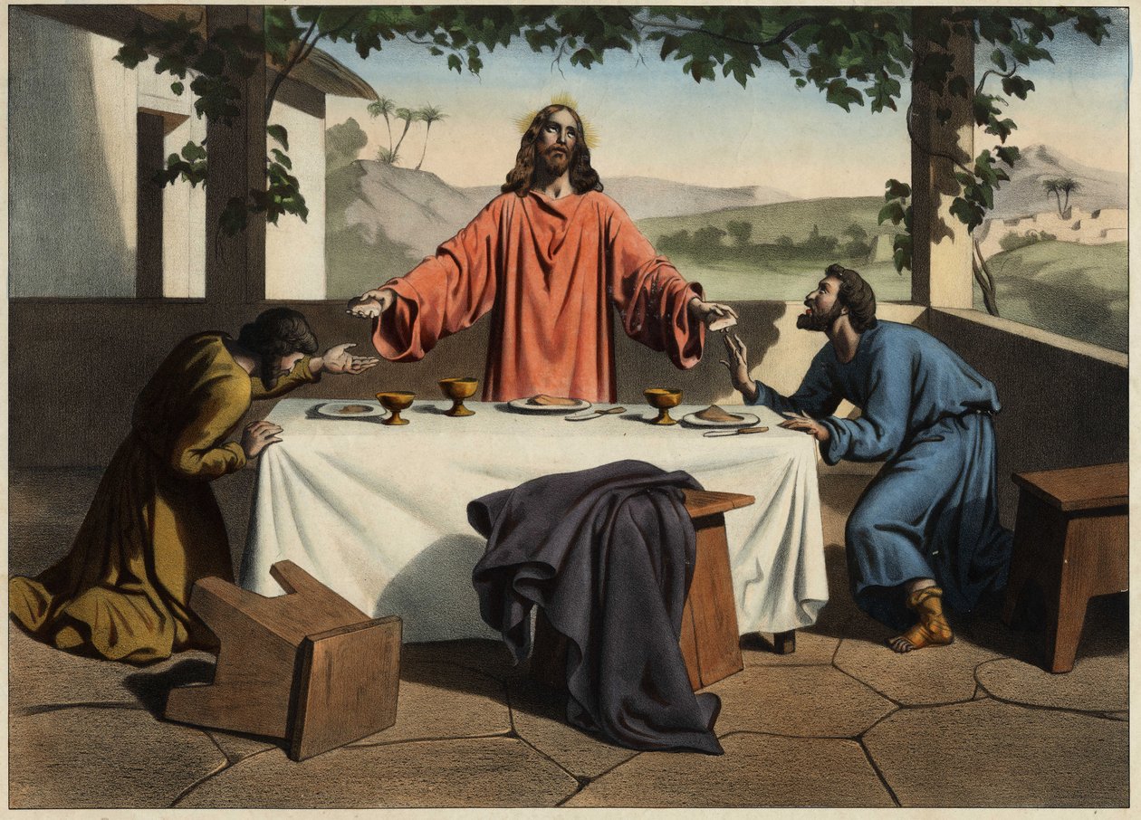 Emaus (Emmaus) के शिष्य ईस्टर की शाम को उठे हुए मसीह से मिलते हैं, जो रोटी साझा करते हैं। 19वीं सदी के मध्य से अनाम उत्कीर्णन। द्वारा अज्ञात कलाकार