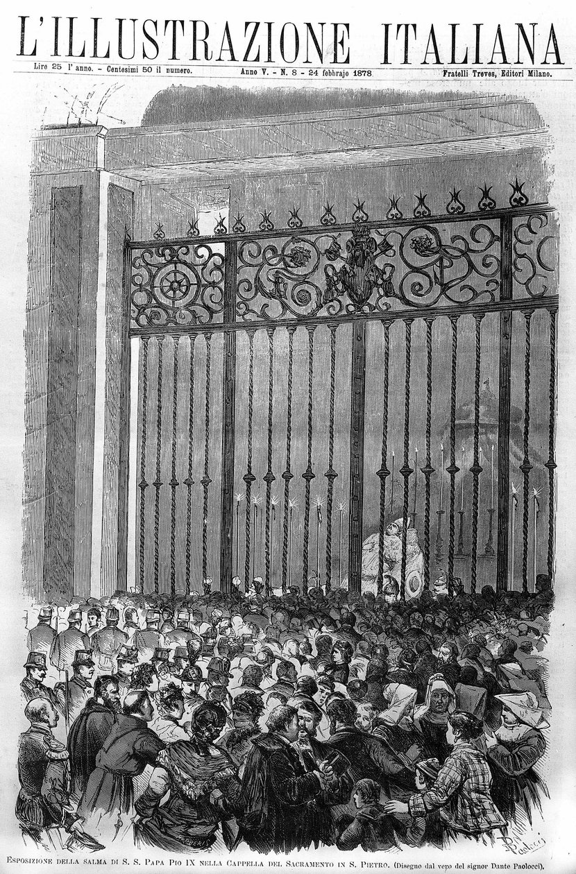 वेटिकन में सैक्रामेंटो के चैपल में पोप पायस IX (1792 - 1878) के शरीर की प्रदर्शनी। फरवरी 1878 से "" लिलस्ट्राज़ियोन इटालियाना "" का कवर। द्वारा अज्ञात कलाकार