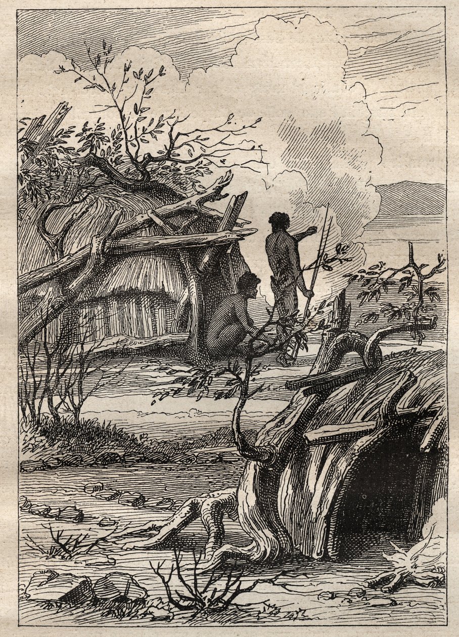 कैप्टन एटिने मारचंद (1755-1793) द्वारा दुनिया भर में अभियान (1790-1792): एंडडैच (ऑस्ट्रेलिया) की भूमि के स्वदेशी केबिन - "18 वीं शताब्दी के महान नाविक" से लिया गया चित्रण। द्वारा अज्ञात कलाकार