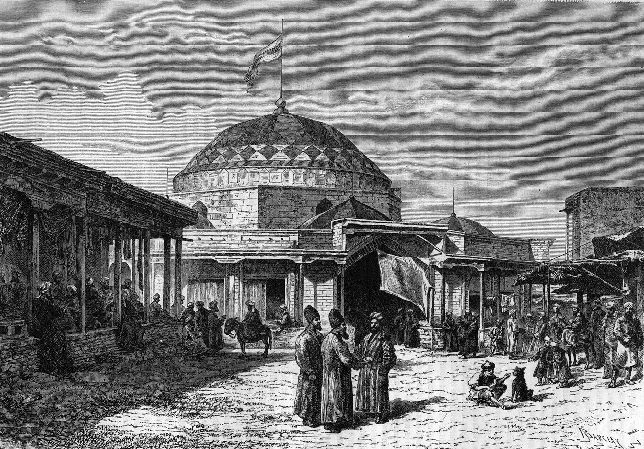19वीं शताब्दी में उज्बेकिस्तान में समरकंद (समरकंद या समरकंद) का महान बाजार। 1888 के "" ले जर्नल डे ला जेनेसे "" में उत्कीर्णन। द्वारा अज्ञात कलाकार