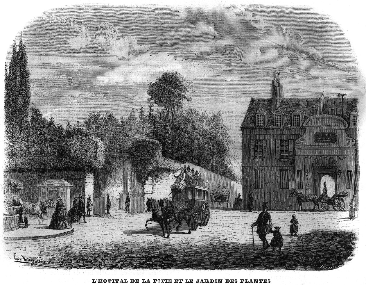 1858 में पेरिस में पिटी सालपेट्रीयर (PITIE-SALPETRIERE) का अस्पताल और पौधों का बगीचा। द्वारा अज्ञात कलाकार