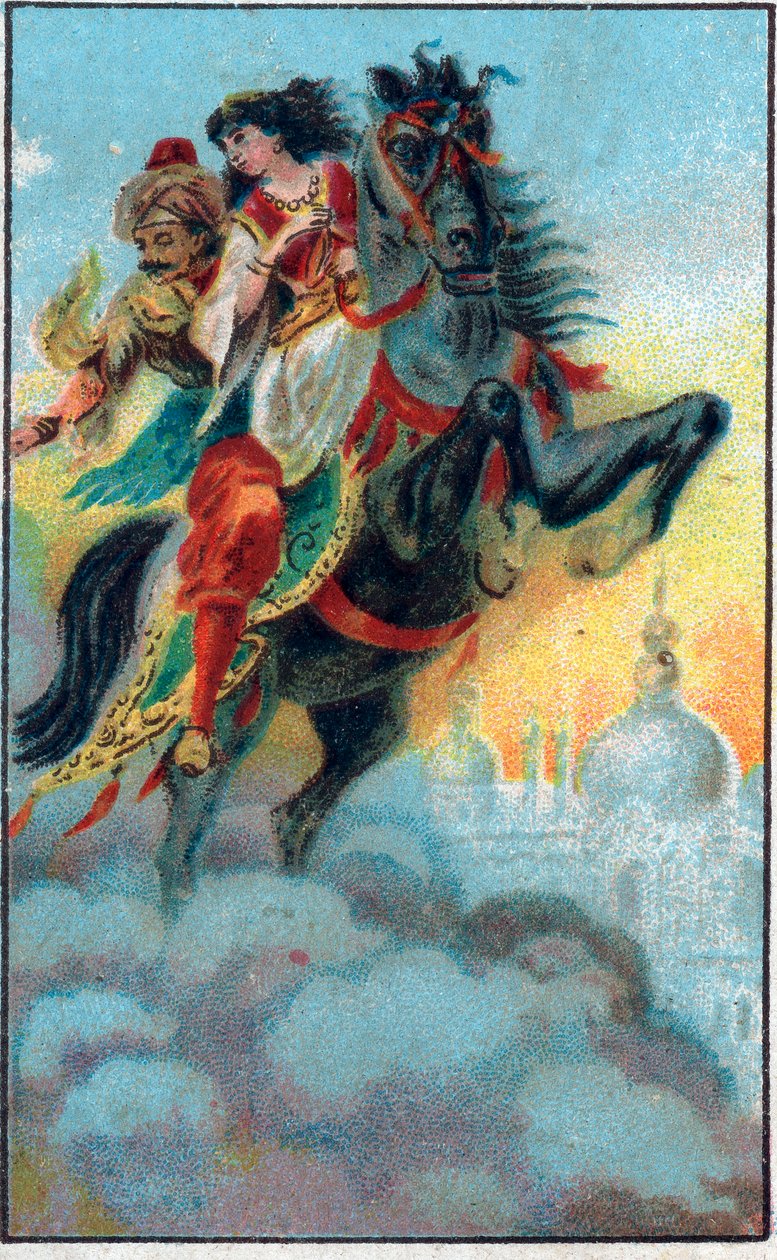 रिसाव। टेल "" मंत्रमुग्ध घोड़े का इतिहास "" "" द थाउज़ेंड एंड वन नाइट्स "" में (द १००१ नाइट्स या ले मिले ई उना नोट, अरेबियन नाइट्स)। 19वीं सदी के अंत की क्रोमोलिथोग्राफी द्वारा अज्ञात कलाकार