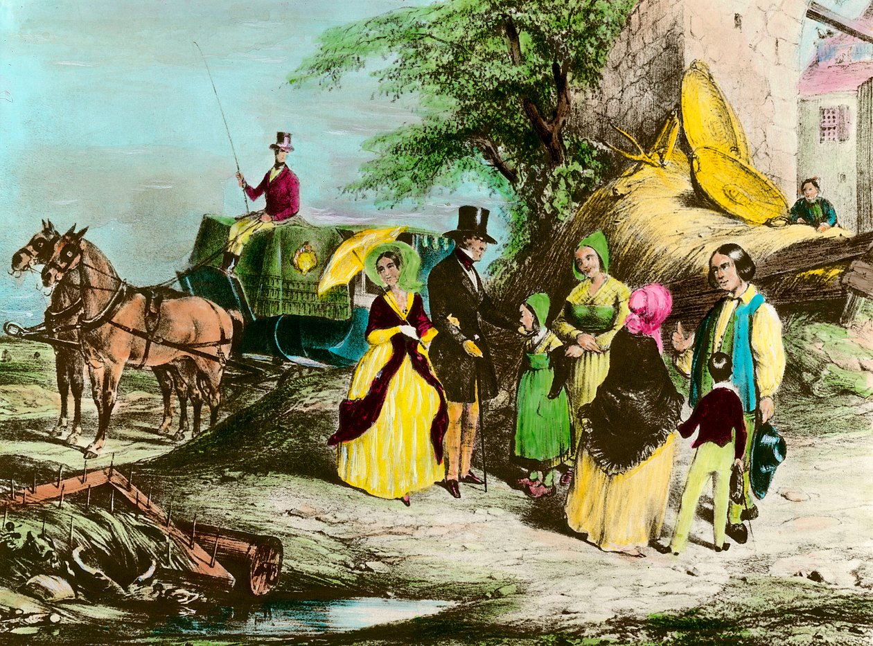 स्वामी और उसका किसान जागीर का स्वामी किसानों से मिलने जाता है। 19वीं सदी के निजी संग्रह की नक्काशी द्वारा अज्ञात कलाकार