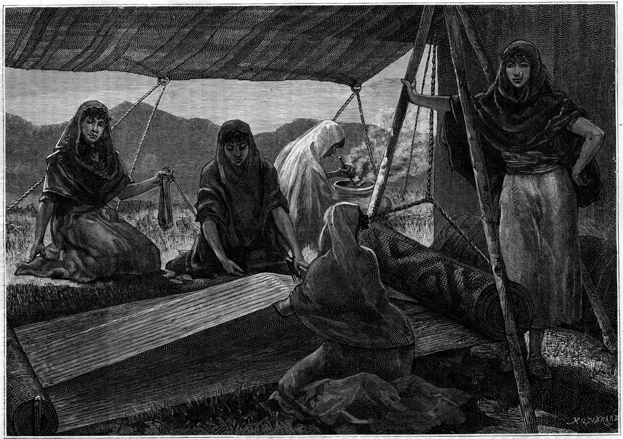 फारस की खानाबदोश महिलाओं द्वारा कालीनों का निर्माण। पत्रिका "" ला ज्यूनेसे "" में उत्कीर्णन द्वारा अज्ञात कलाकार