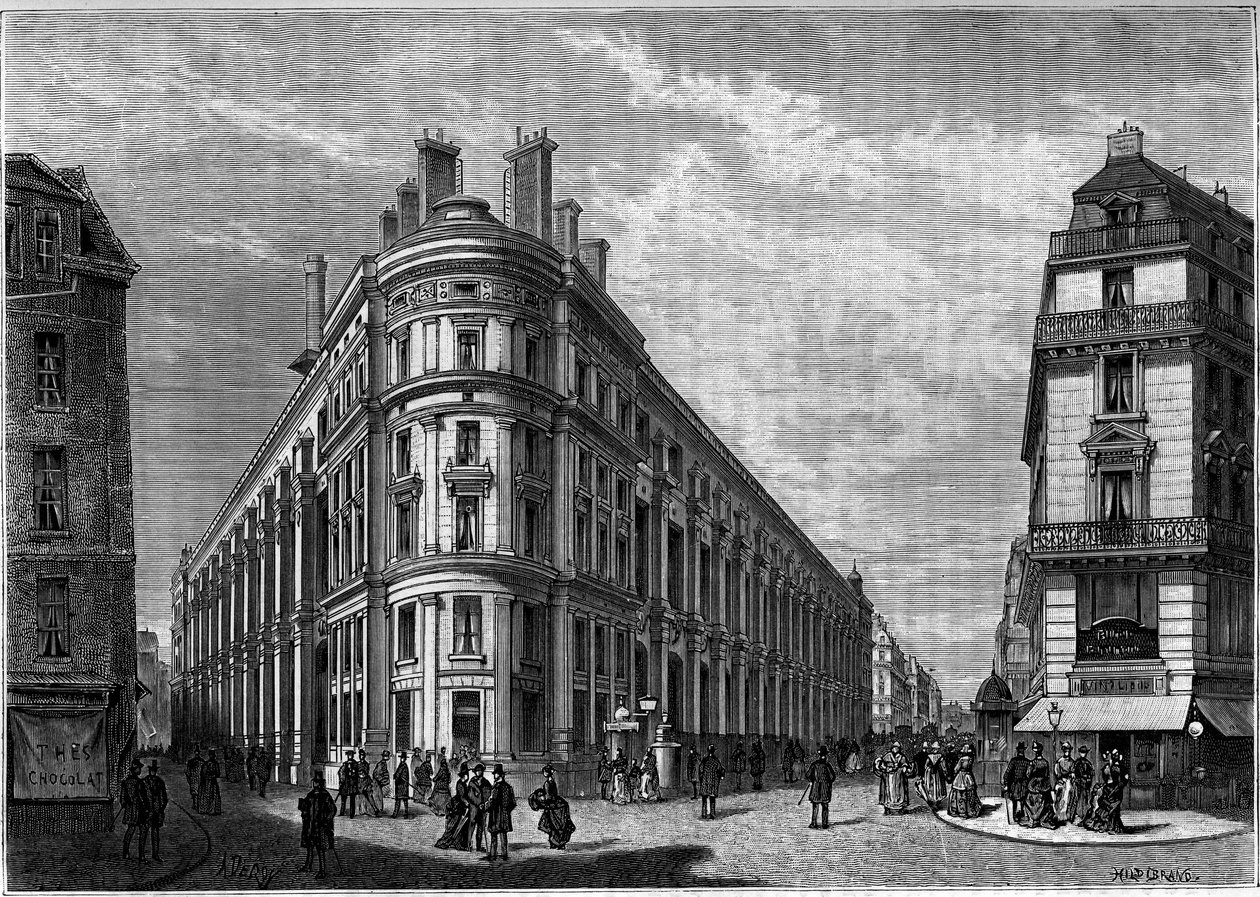 इसके पुनर्निर्माण के बाद पेरिस में नया Hotel des Postes de la Rue du Louvre। "" ला ज्यूनेसे "" पत्रिका में उत्कीर्णन द्वारा अज्ञात कलाकार