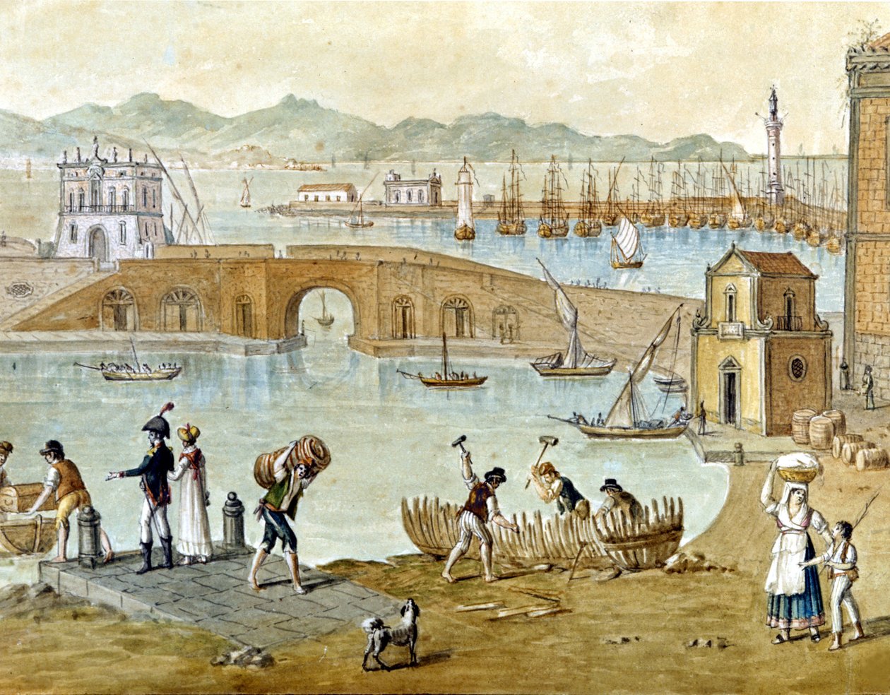 1800 के आसपास नेपल्स और सांता लूसिया का बंदरगाह: यात्री जाने की तैयारी कर रहे हैं और बढ़ई एक नाव का निर्माण कर रहे हैं। जल रंग। द्वारा अज्ञात कलाकार