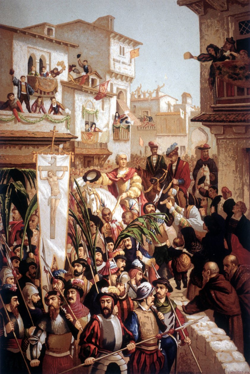 1493 में स्पेन में इतालवी मूल के नाविक क्रिस्टोफर कोलंबस (1451-1506) की वापसी। द्वारा अज्ञात कलाकार