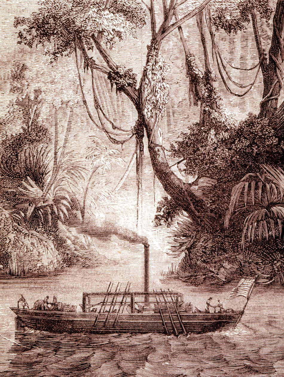 1791 के आसपास डेलावेयर नदी पर अमेरिकी आविष्कारक जॉन फिच की स्टीमबोट। द्वारा अज्ञात कलाकार