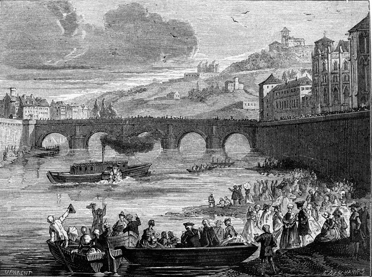 15/07/1788 को ल्यों में साओन के पानी में पहली बार नौकायन करते हुए मार्क्विस जौफ़रॉय डी'अब्बान्स (1751 - 1832) की स्टीमबोट। 19वीं सदी की नक्काशी। द्वारा अज्ञात कलाकार