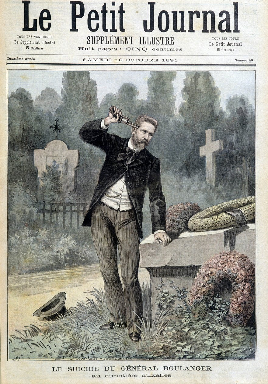 10/10/1891 के "ले पेटिट जर्नल" में Ixelles के कब्रिस्तान में जनरल बौलैंगर की आत्महत्या (उत्कीर्णन) द्वारा अज्ञात कलाकार