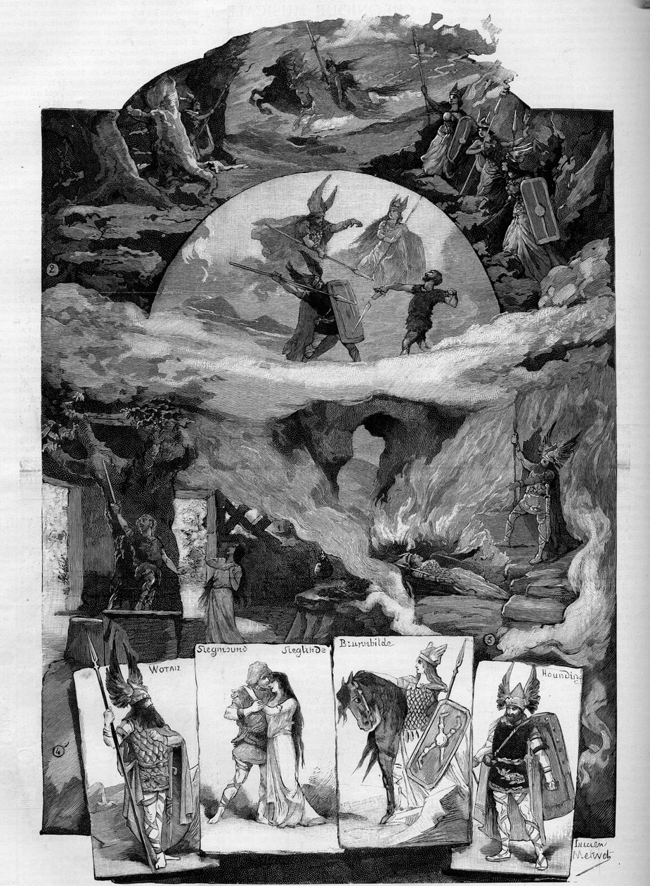 थिएटर पीस "" डाई वॉक्योर "" (द वॉकीरी), रिचर्ड वैगनर का नाटक (1813-1883) ब्रुसेल्स में थिएटर डे ला मोनाई में प्रतिनिधित्व करता है। "" ले मोंडे शानदार "" में उत्कीर्णन द्वारा अज्ञात कलाकार