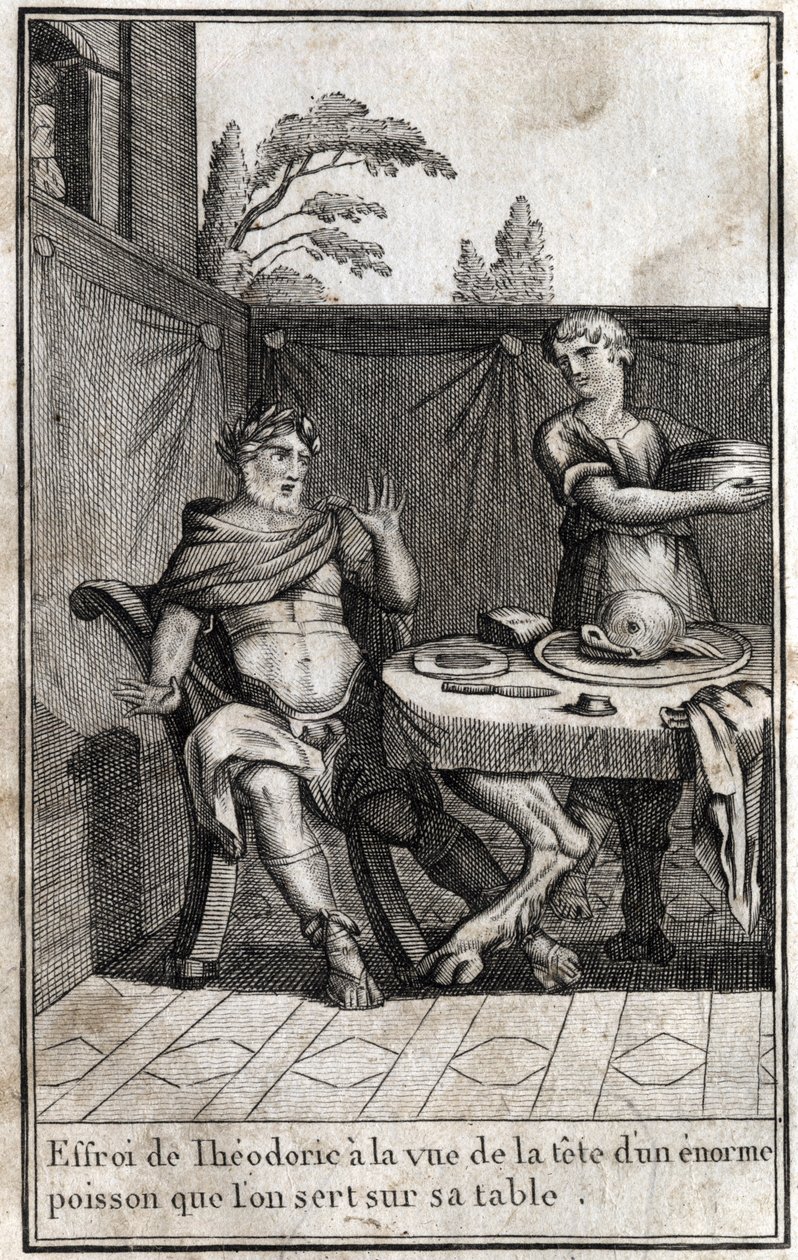 गोथों के राजा थियोडोरिक द ग्रेट (सी. 454/455-526), अपनी मेज पर परोसने वाली एक विशाल मछली के सिर को देखकर भयभीत हो जाते हैं। PJBN १८१४ द्वारा "ब्यूते डे ल'हिस्टोइरे डू बेसे साम्राज्य" में उत्कीर्णन। द्वारा अज्ञात कलाकार