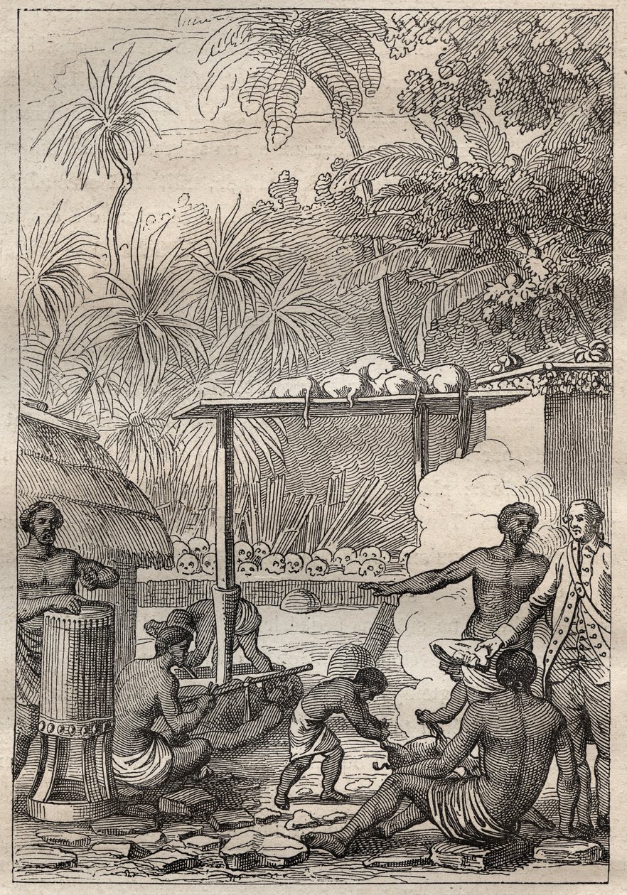 कैप्टन जेम्स कुक (1728-1779) द्वारा तीसरी यात्रा (1776-1779): ताहिती के लिए मानव बलिदान - "18 वीं शताब्दी के महान नाविक" से लिया गया चित्रण। द्वारा अज्ञात कलाकार