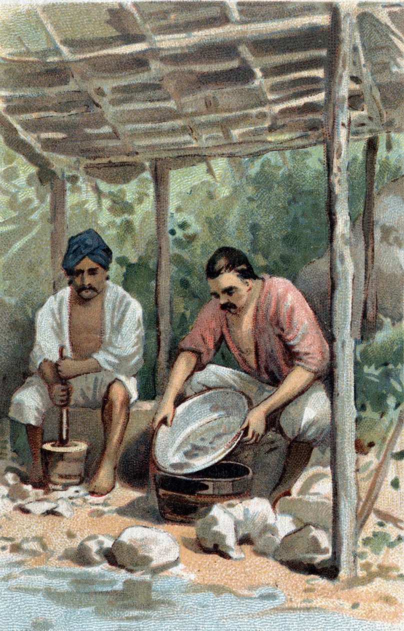 मलक्का (मलाका), मलेशिया में टिन स्क्रबर। 19 वीं शताब्दी के उत्तरार्ध की क्रोमोलिटोग्राफी। द्वारा अज्ञात कलाकार