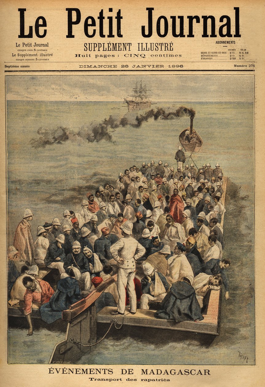 मेडागास्कर से घायल रैपैट्री का परिवहन। "" ले पेटिट जर्नल "" 26/01/1896 में उत्कीर्णन। सेल्वा का संग्रह। द्वारा अज्ञात कलाकार