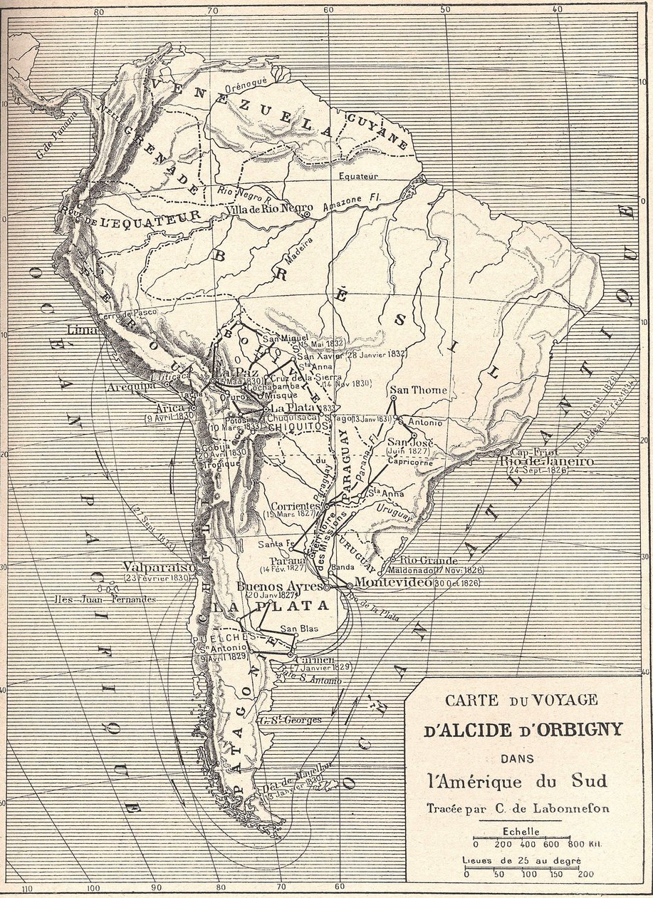 दक्षिण अमेरिका में Alcide d'Orbiny का यात्रा मानचित्र द्वारा अज्ञात कलाकार