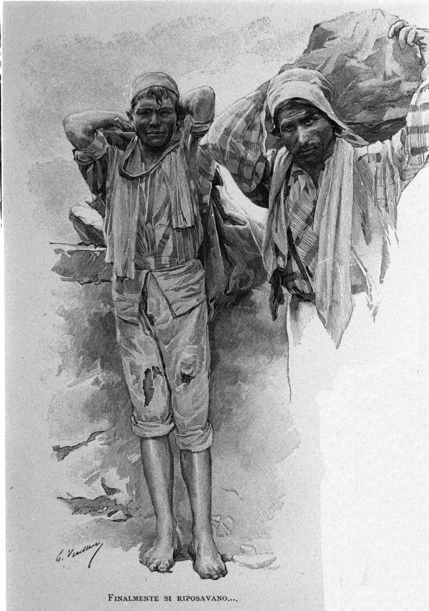 दो "कारुसी", कम उम्र के प्रशिक्षु। सिसिली। 19वीं सदी की नक्काशी द्वारा अज्ञात कलाकार