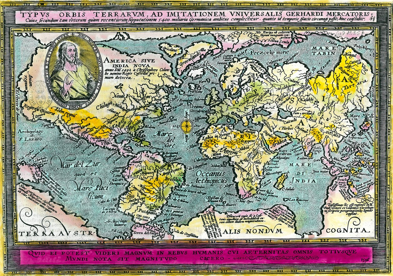 1596 का सार्वभौमिक भौगोलिक मानचित्र (विश्व मानचित्र)। उत्कीर्णन। निजि संग्रह। द्वारा अज्ञात कलाकार
