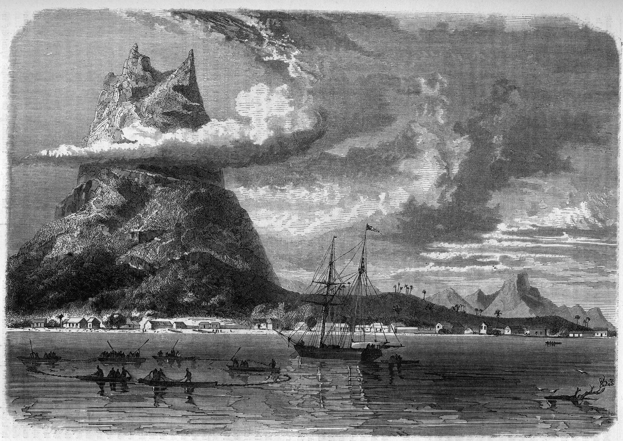 1888 के "द जर्नल ऑफ यूथ" में 19वीं सदी के अंत में पोलिनेशिया में बोरा बोरा (बोरा-बोरा) का दृश्य। द्वारा अज्ञात कलाकार