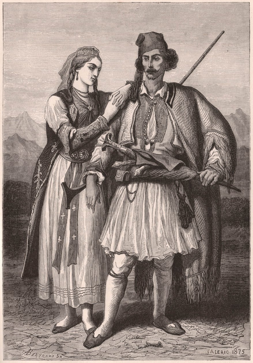 XIX सदी में अल्बानियाई पारंपरिक पोशाक में एक जोड़े का दृश्य द्वारा अज्ञात