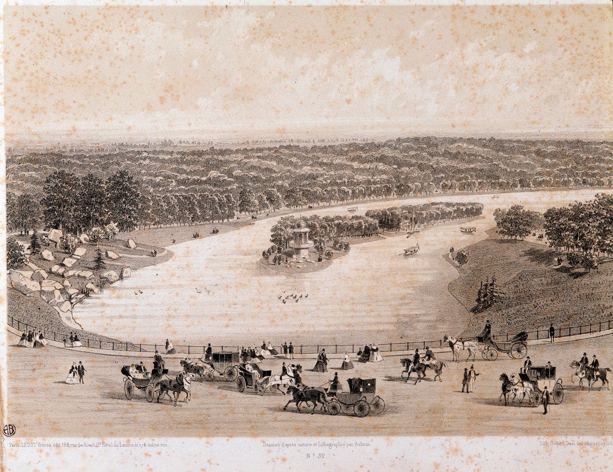 पेरिस में Bois de Boulogne का दृश्य। 1850 से लिथोग्राफ। निजी संग्रह द्वारा अज्ञात कलाकार