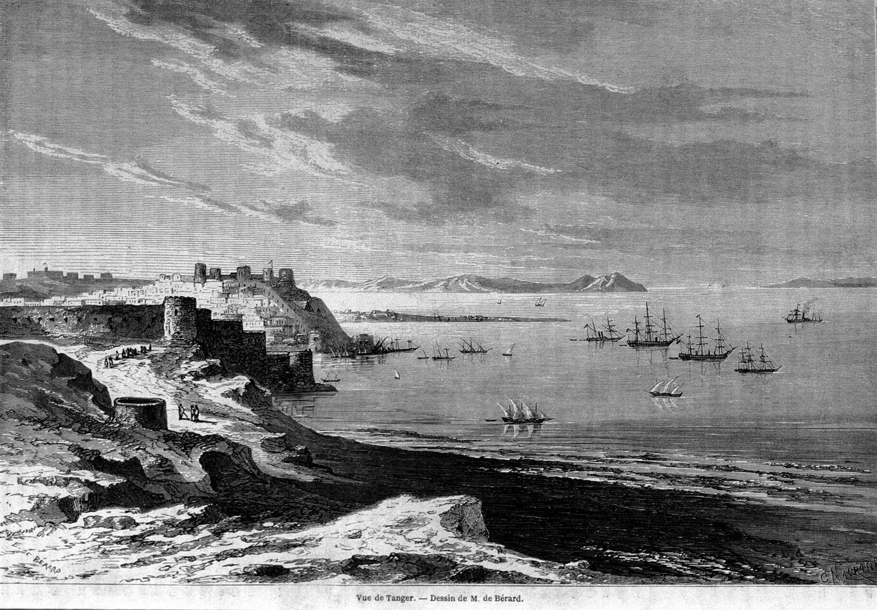 गढ़वाले शहर टैंजियर की खाड़ी और तट, मोरक्को का दृश्य। 1860 से उत्कीर्णन। द्वारा अज्ञात कलाकार