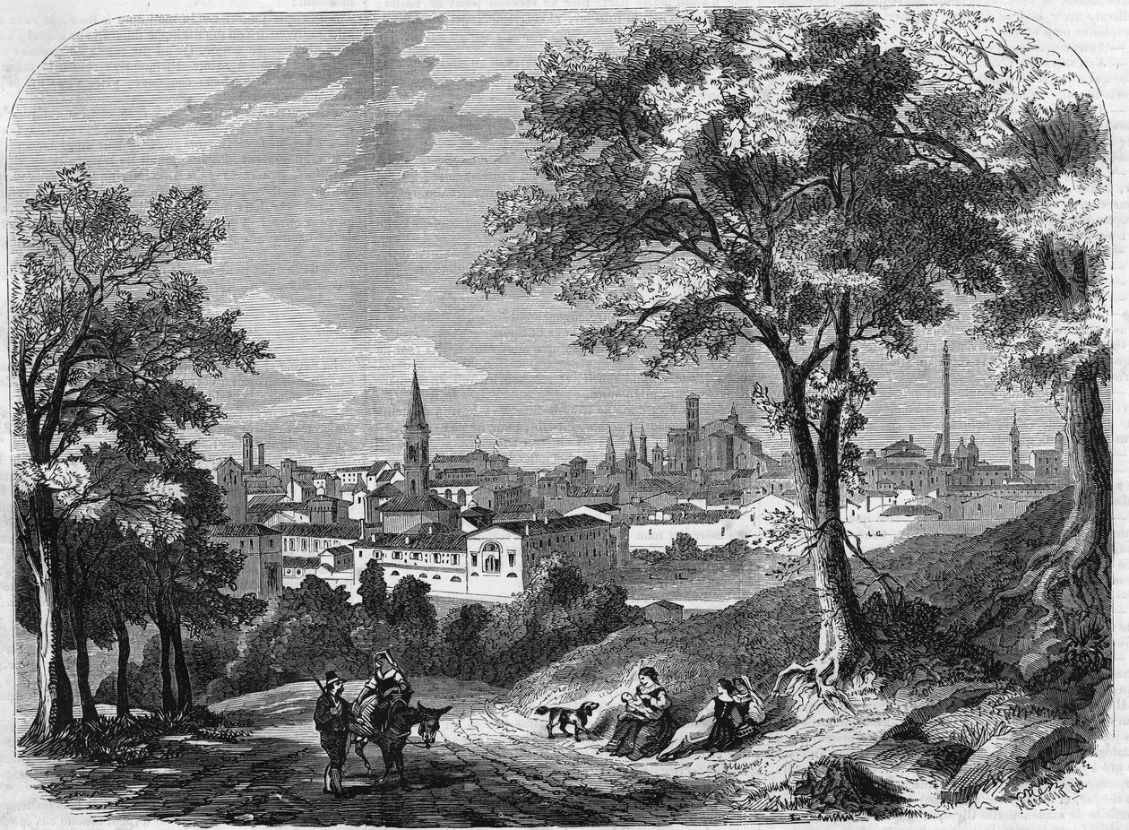 1860 में इटली के बोलोग्ना शहर का दृश्य। द्वारा अज्ञात कलाकार