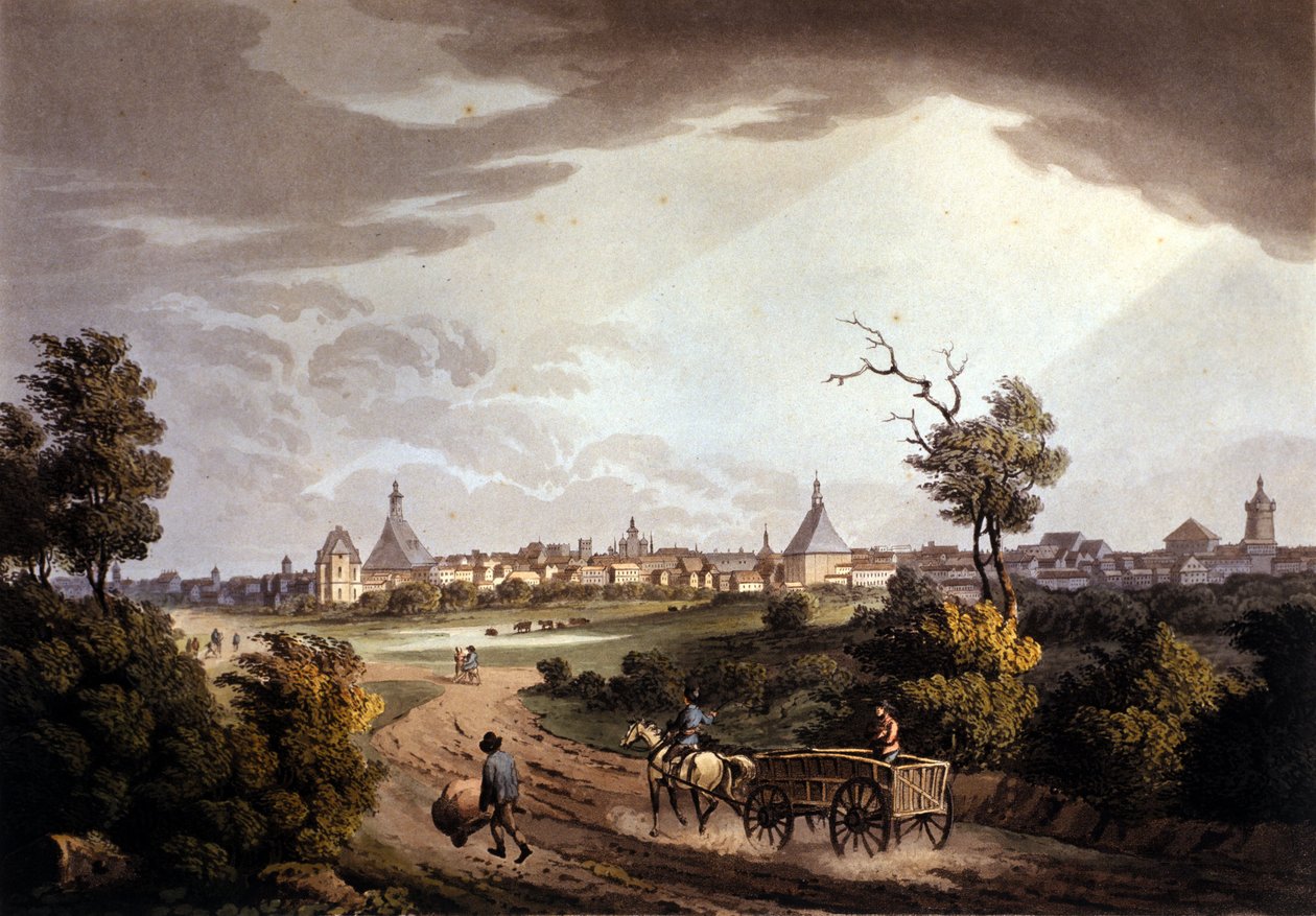 जर्मनी के लीपज़िग शहर का दृश्य। 1820 के आसपास से लिथोग्राफ। द्वारा अज्ञात कलाकार