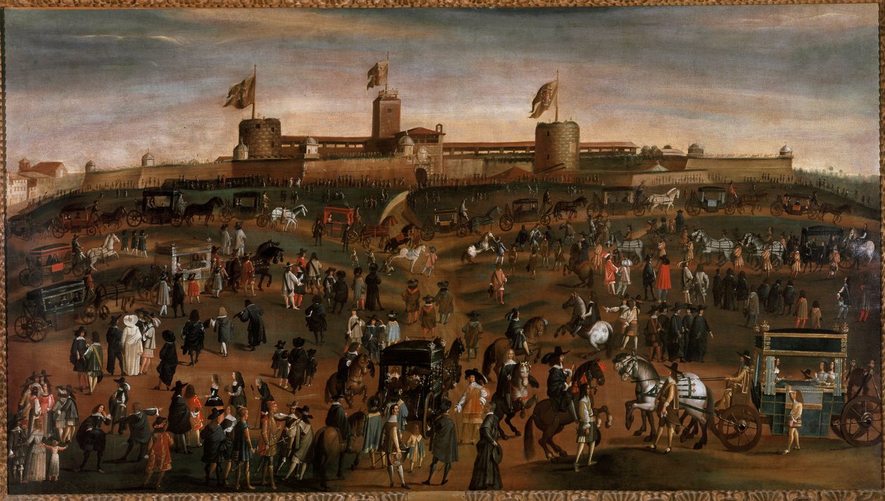 मिलान शहर का दृश्य, Sforza के महल का (castello Sforzesco) और गाड़ियों का यातायात 1660-1670 के आसपास बेनामी पेंटिंग मिलान, म्यूजियो डि मिलानो द्वारा अज्ञात कलाकार