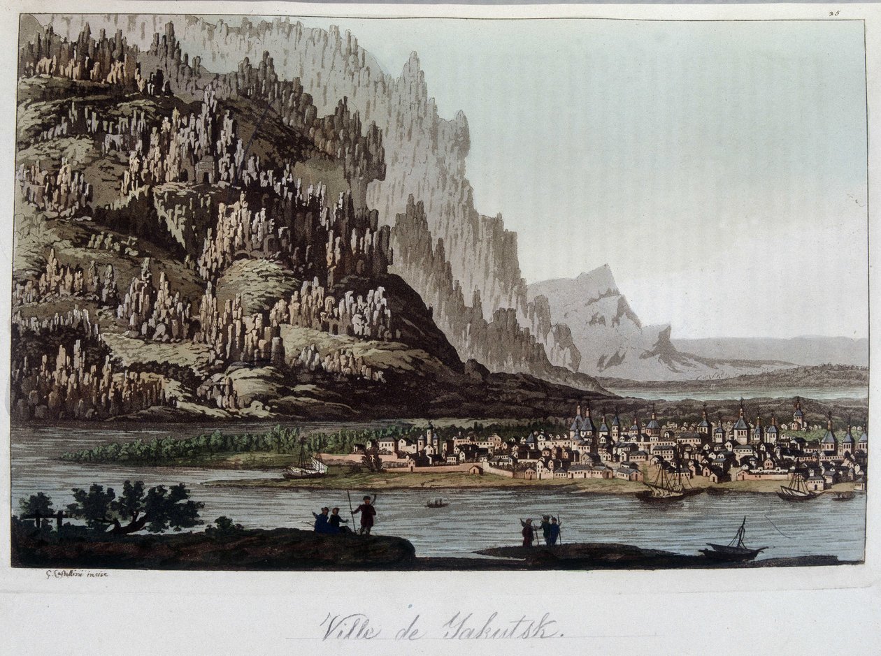 रूस में याकुत्स्क शहर का दृश्य। फेरारियो द्वारा "" पुरानी और आधुनिक पोशाक "" 1819-1820 में। द्वारा अज्ञात कलाकार