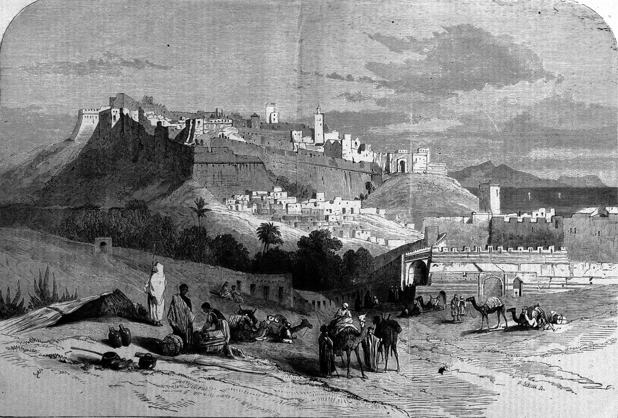 गढ़वाले शहर टैंजियर और तट, मोरक्को का दृश्य। 1868 से उत्कीर्णन। द्वारा अज्ञात कलाकार