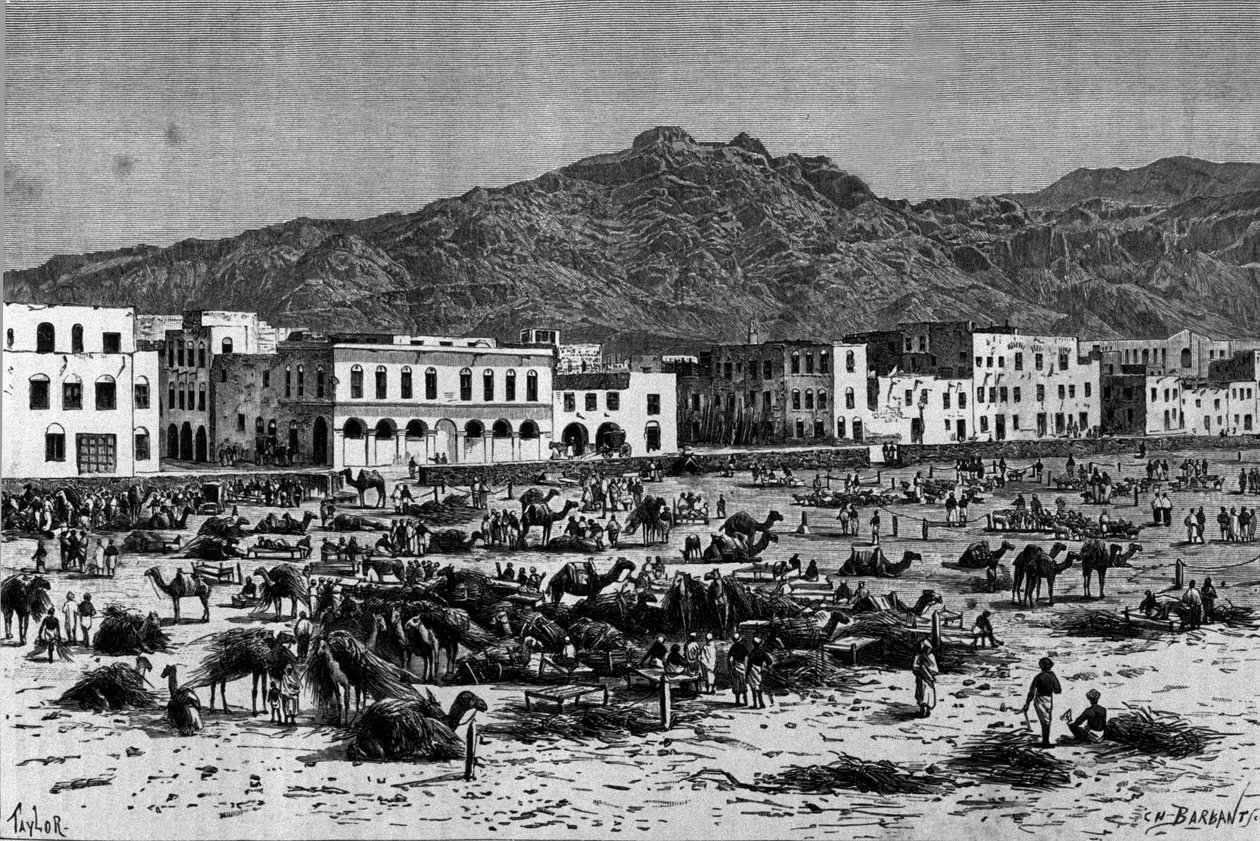 एबिसिनिया में अदन के मार्च का दृश्य। 1880 के आसपास उत्कीर्णन द्वारा अज्ञात कलाकार