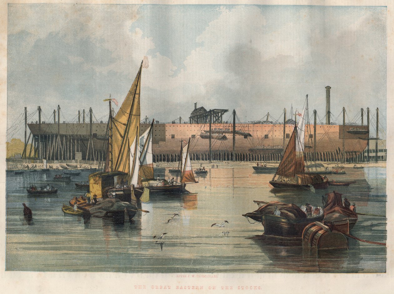 लंदन में टेम्स शिपयार्ड में निर्माणाधीन ट्रान्साटलांटिक लाइनर "ग्रेट ईस्टर्न" (लेविथान) का दृश्य। ७ नवंबर १८५७ के "द इलस्ट्रेटेड लंदन न्यूज" में उत्कीर्णन। द्वारा अज्ञात कलाकार