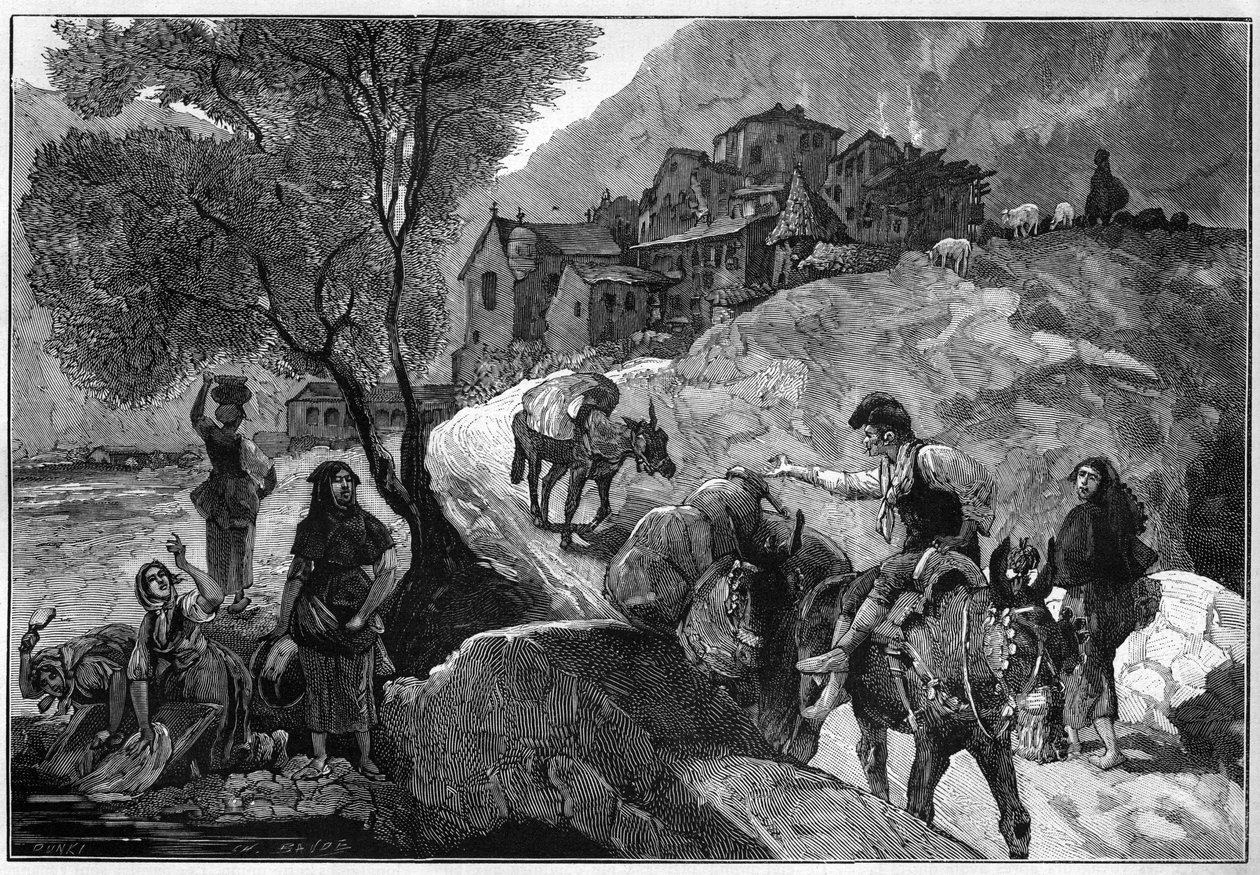 अंडोरा गणराज्य के अंडोरा ला वेला (अंडोरा ला वेला) के गाँव और उसके निवासियों एंडोरान्स का दृश्य। "" ले मोंडे इलस्ट्र्रे "" में उत्कीर्णन द्वारा अज्ञात कलाकार