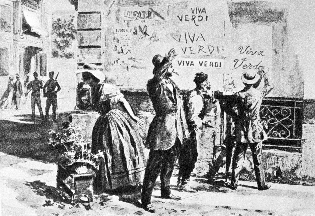 विवा वर्डी: 1859 में ऑस्ट्रियाई कब्जे के तहत नेपल्स (दो सिसिली का साम्राज्य) में ज्यूसेप वर्डी के लिए उत्साही शिलालेख, उनके ओपेरा "ए मास्कड बॉल" (VERDI (VERDI) = विटोरियो इमानुएल रे डी 'इटालिया) पर प्रतिबंध के बाद। द्वारा अज्ञात कलाकार