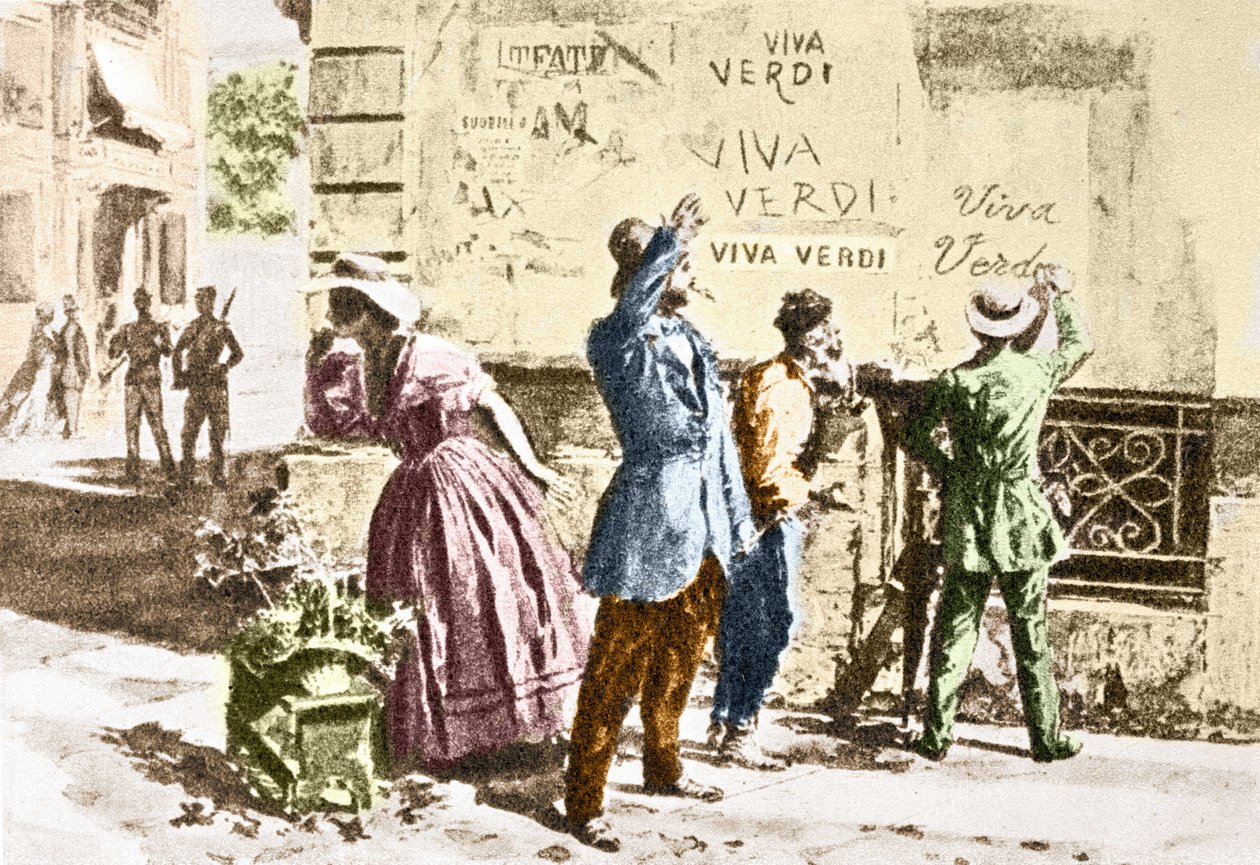 चिरायु वर्डी: 1859 में ऑस्ट्रियाई कब्जे के तहत नेपल्स (दो सिसिली का राज्य) में ज्यूसेप वर्डी के लिए उत्साही शिलालेख, उनके ओपेरा "ए मास्क्ड बॉल" (VERDI (VERDI) = विटोरियो इमानुएल रे डी'इटालिया) पर प्रतिबंध के बाद। द्वारा अज्ञात कलाकार