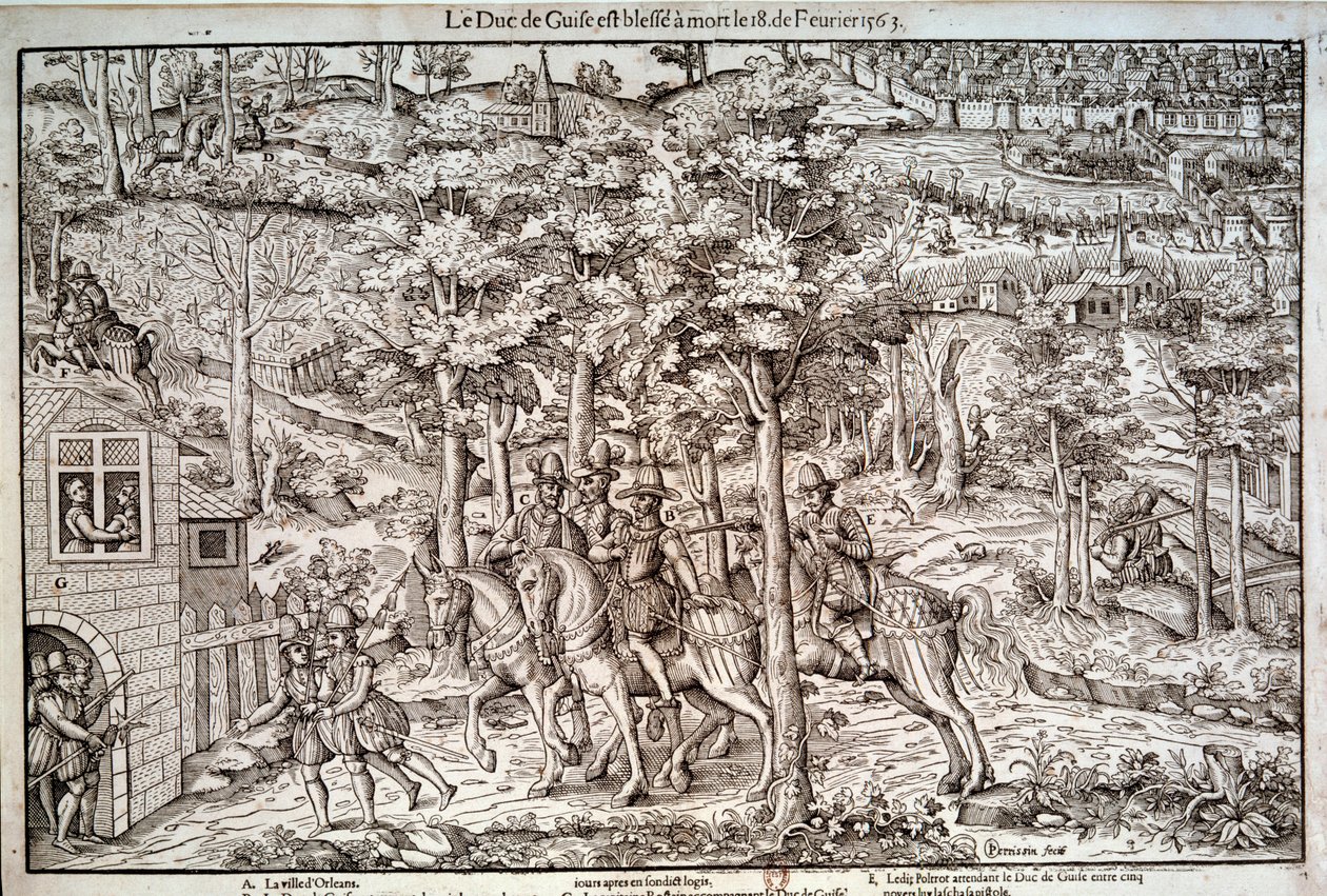 धर्म के युद्ध १५६२-१५९८ "" लोरेन के फ्रेंकोइस प्रथम की हत्या (१५१९-१५६३) १८/०२/१५६३ को द्वितीय ड्यूक ऑफ गाइस। एक कैथोलिक नेता, वह केल्विनवादी जीन डे पोल्ट्रोट डी मेरे या मेरे द्वारा मारा गया था। 16वीं शताब्दी की नक्काशी। पेरिस, बीएन द्वारा अज्ञात कलाकार