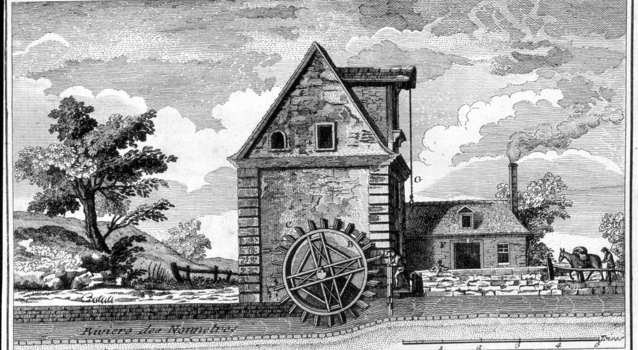 पानी की चक्की। उत्कीर्णन एसडी लगभग 1800. द्वारा अज्ञात कलाकार