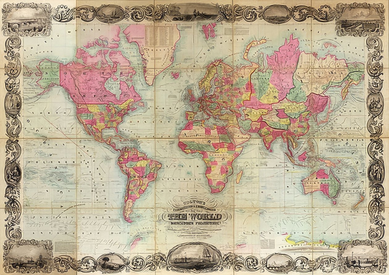 मर्केटर प्रोजेक्शन में दुनिया का नक्शा। 1854 द्वारा अज्ञात
