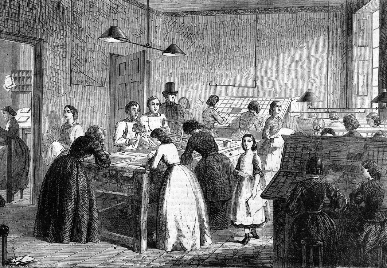 1865 में पेरिस में महिलाओं की कार्यशाला टाइपोग्राफरograph द्वारा अज्ञात कलाकार
