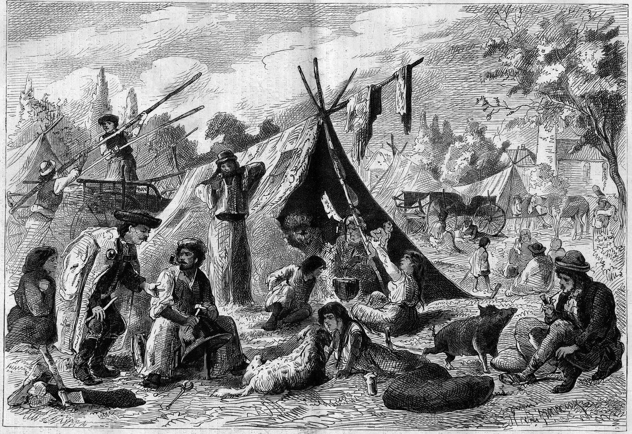 1873 में ऑस्ट्रिया में वियना के उपनगर में ज़िंगारी शिविर (एक बोहेमियन शिविर)। द्वारा अज्ञात कलाकार
